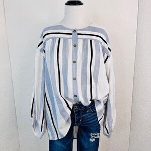 The Korner size Medium Top Shirt Blue Striped Peasant Blouse Flowy Button Down